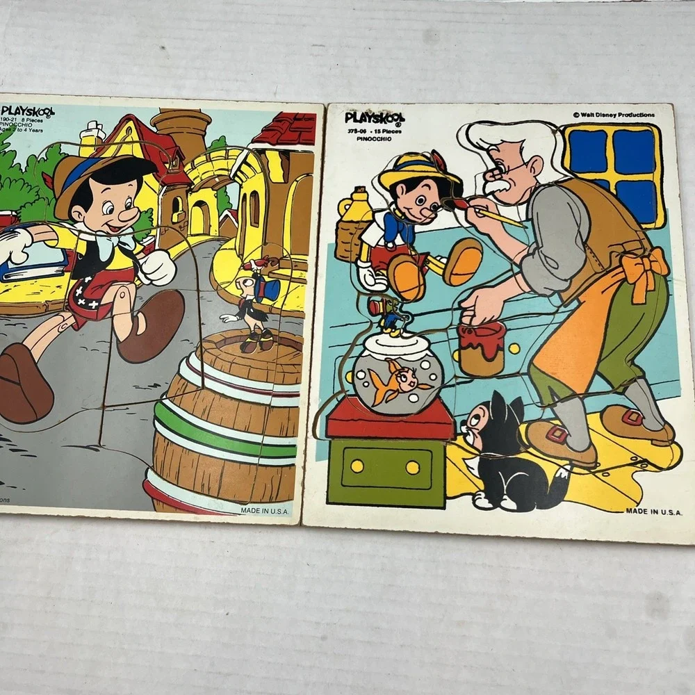 2 Vintage Playskool Walt Disney‎ Wooden Puzzles Pinocchio